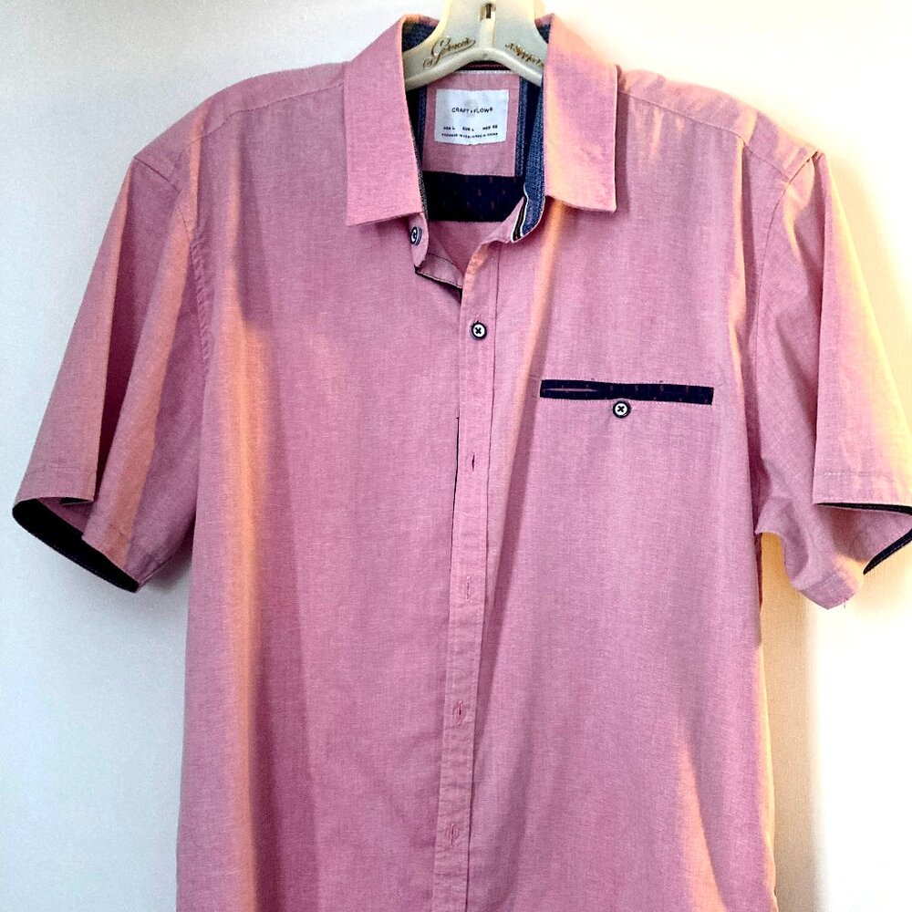 Craft + Flow Button Front Pink/Burgundy Short Sleeve Shirt Mens Size L